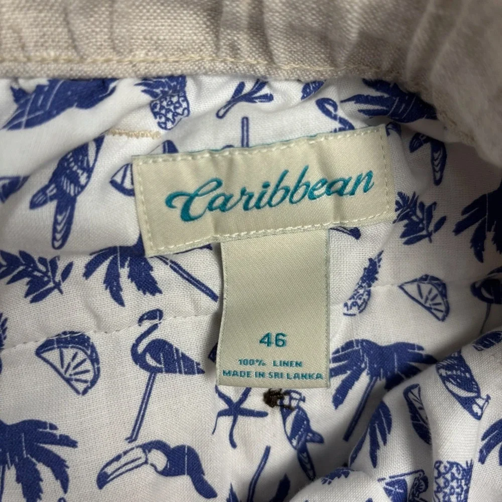 Caribbean Mens 100% Linen Shorts Oatmeal Beige Elastic Waist Size 46 Tropical